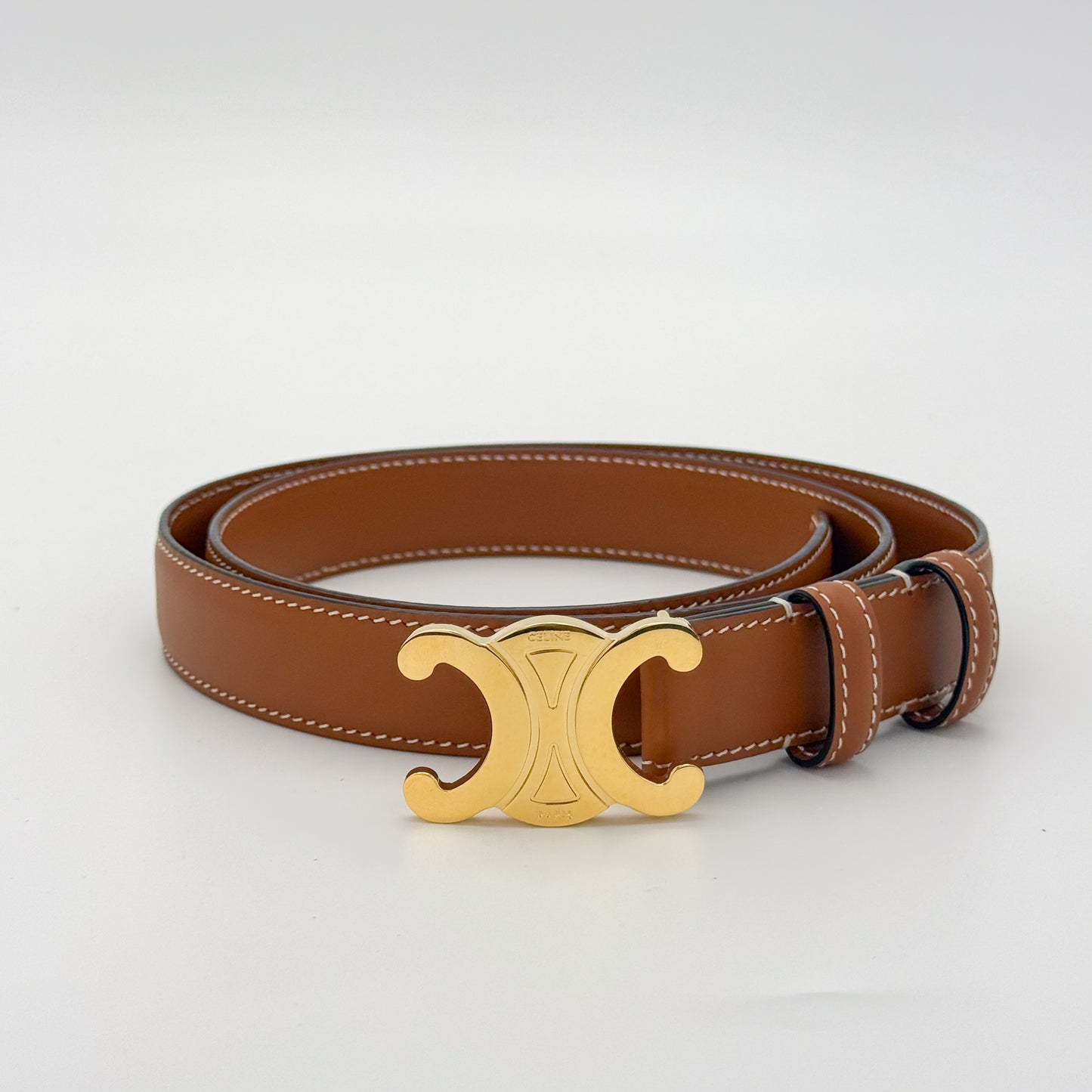 Celine Triomphe Leather Belt Tan with Gold-Tone Buckle