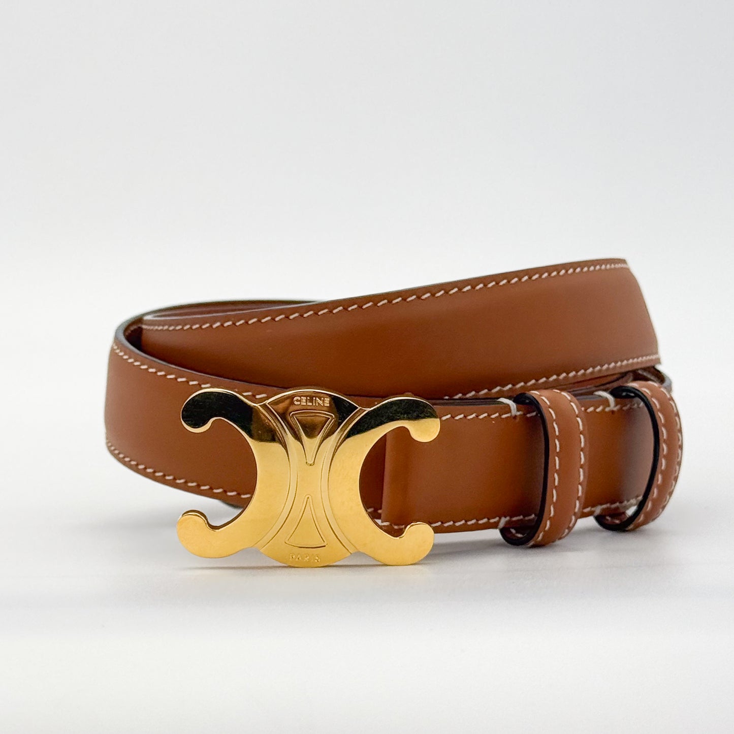 Celine Triomphe Leather Belt Tan with Gold-Tone Buckle