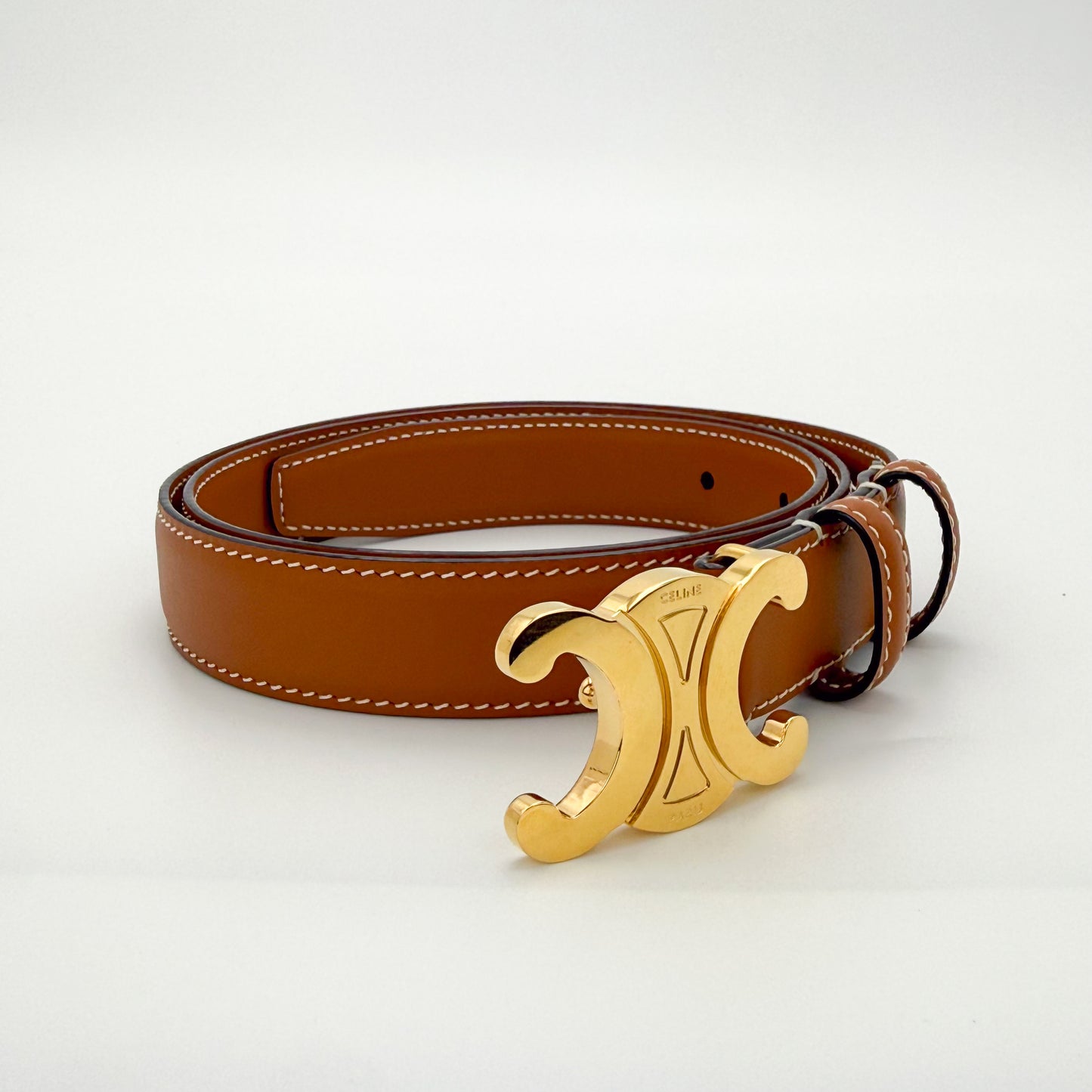 Celine Triomphe Leather Belt Tan with Gold-Tone Buckle