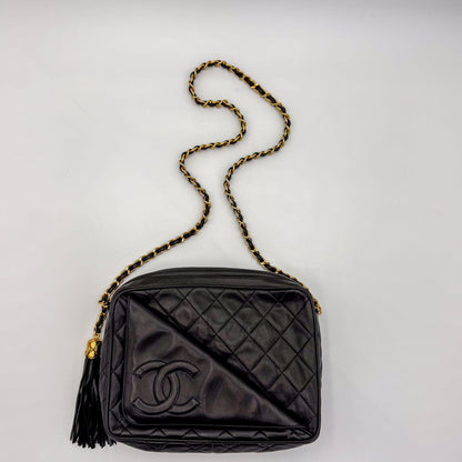 Vintage Chanel black quilted lambskin tassel camera bag Ariel view