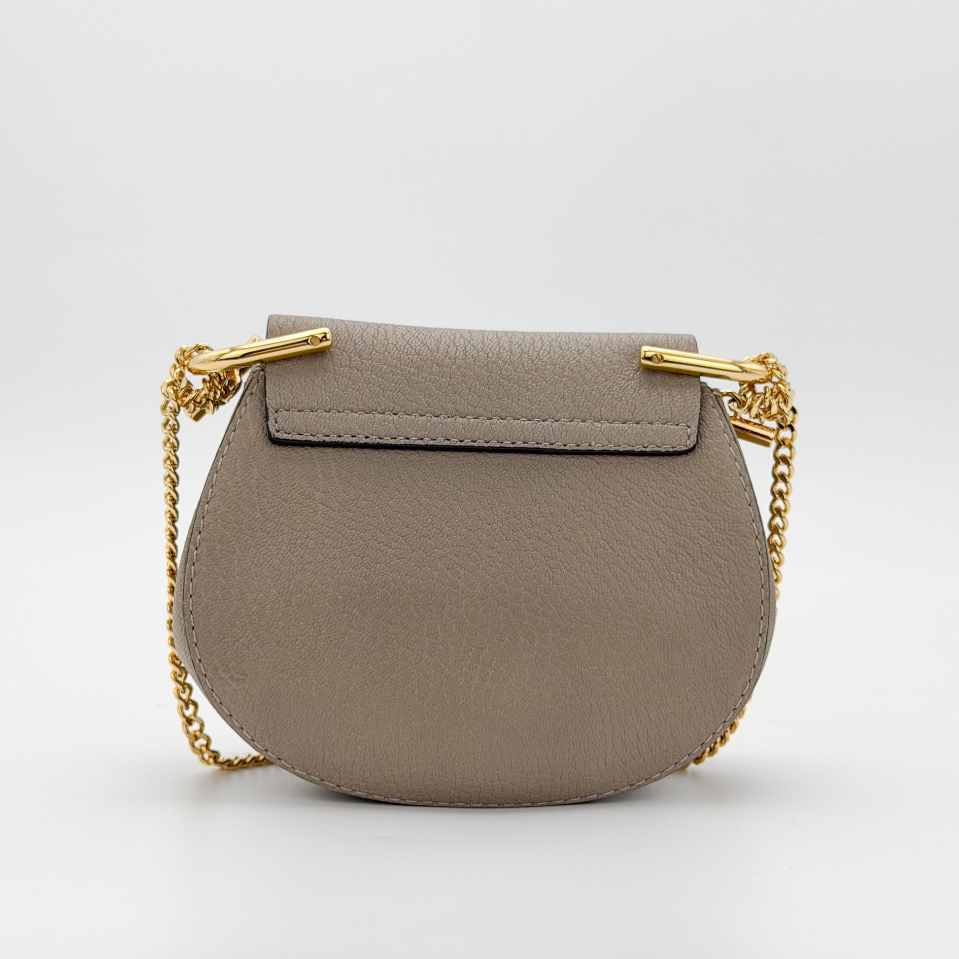 Used Chloé Mini Drew taupe leather bag back view plain leather panel