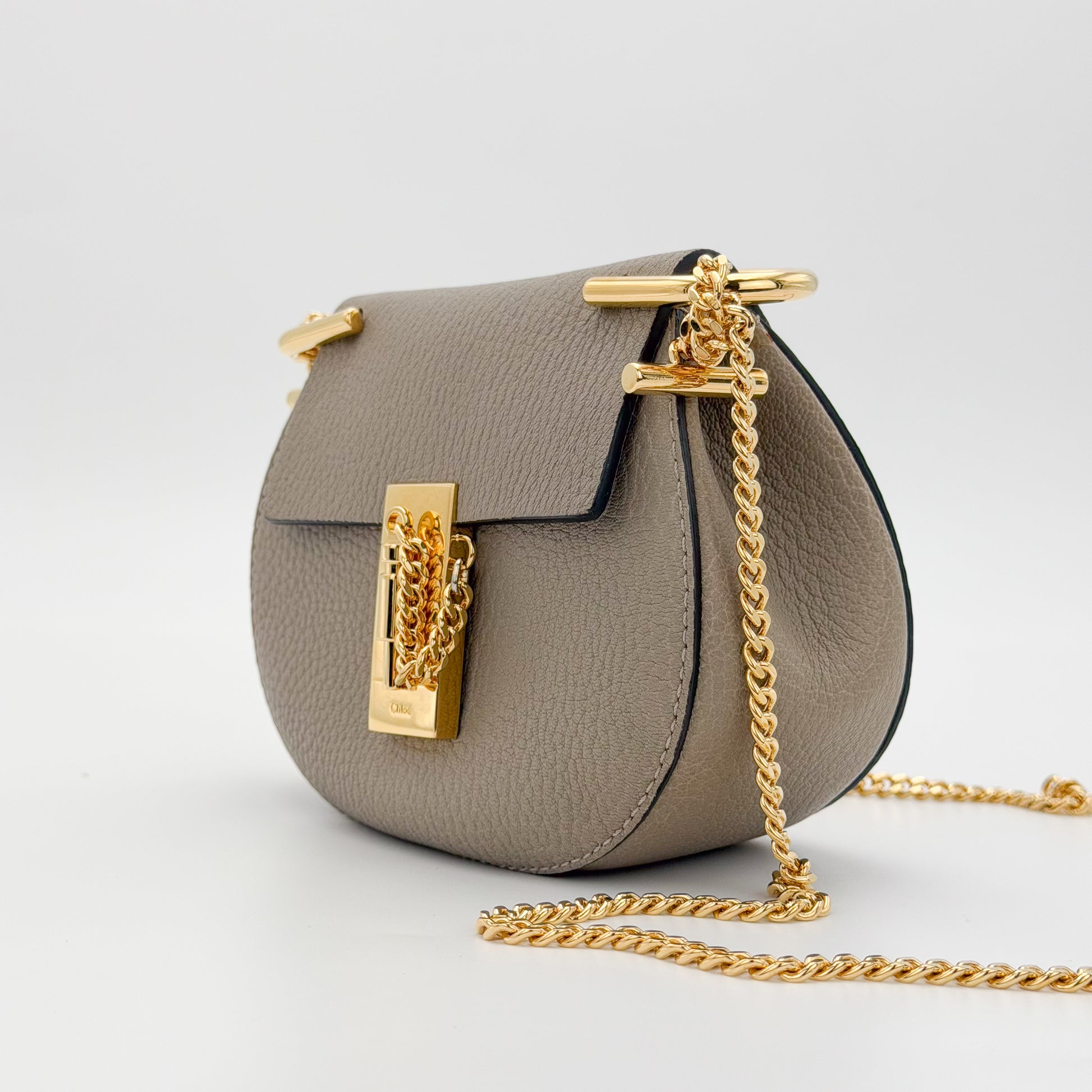 Used Chloé Mini Drew taupe leather bag front view with full chain strap