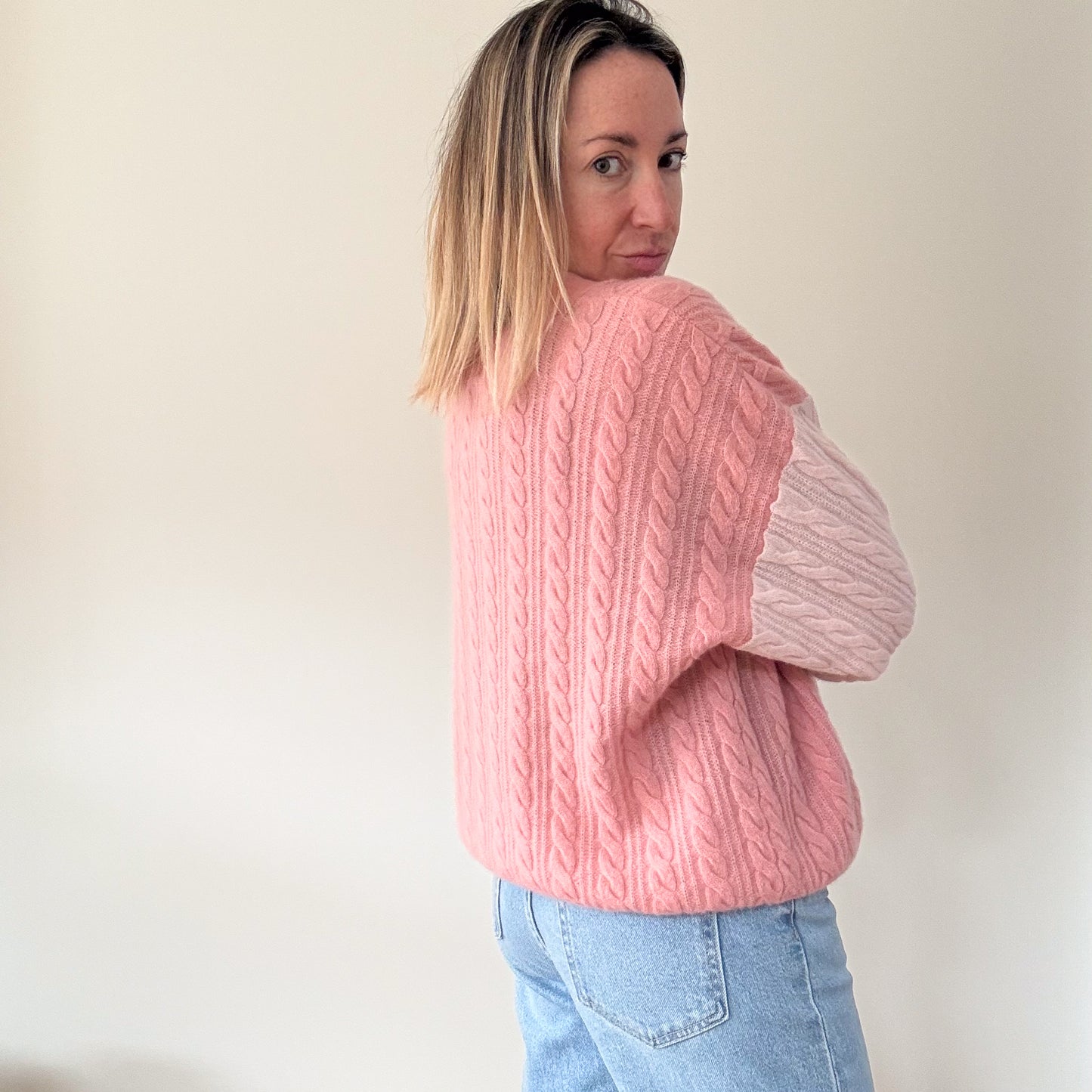 Crush Cashmere Pink Cable Knit Cashmere Cardigan - Size M