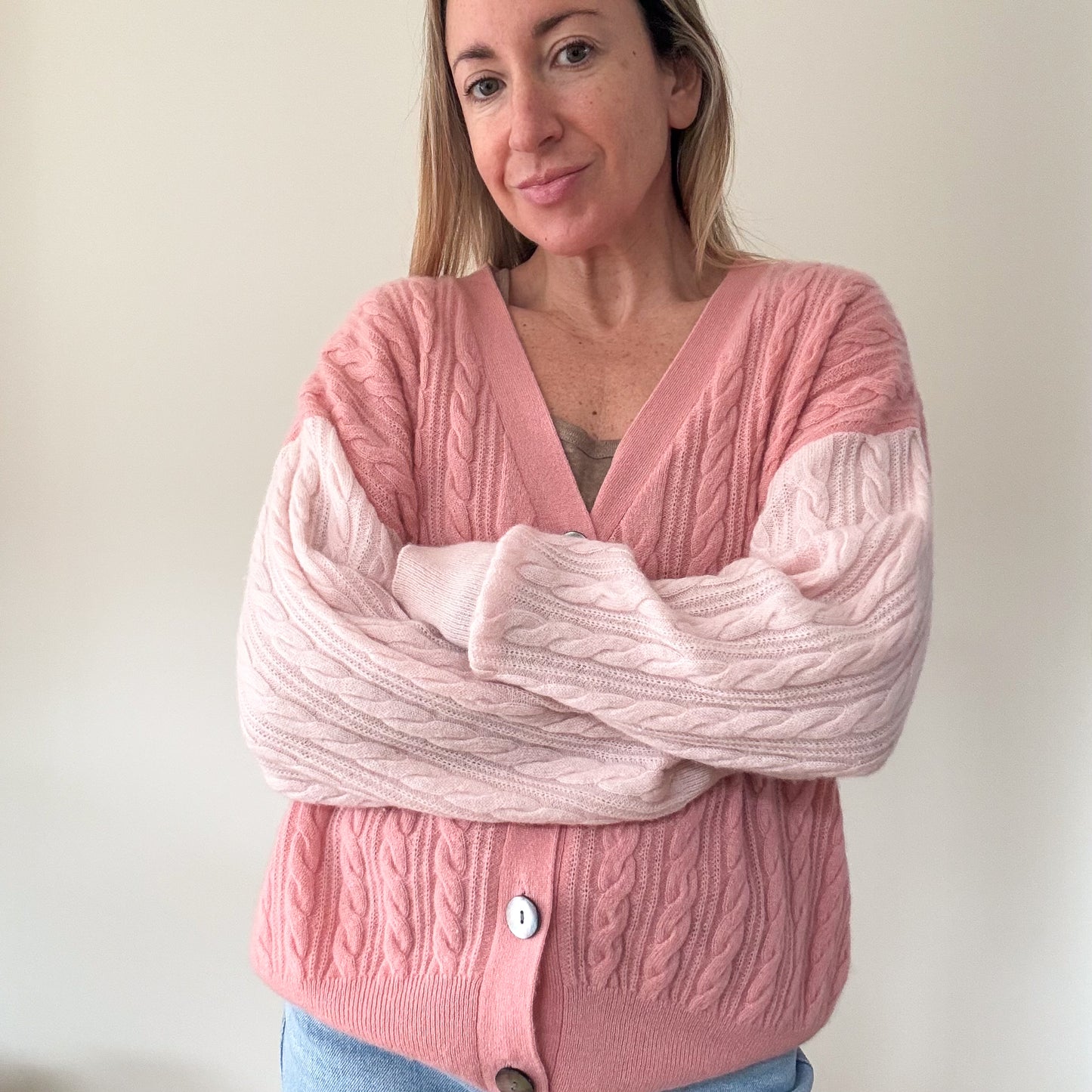 Crush Cashmere Pink Cable Knit Cashmere Cardigan - Size M