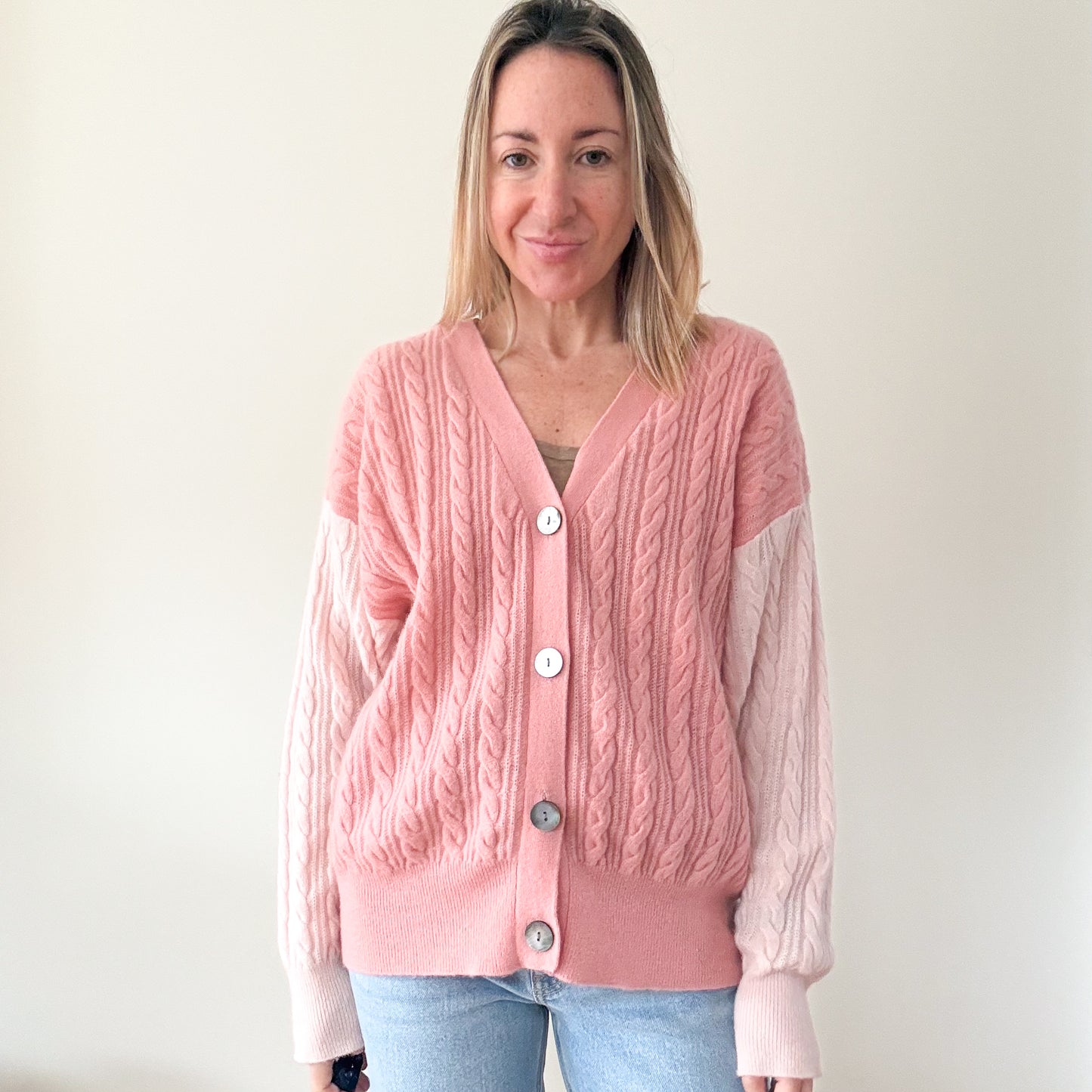 Crush Cashmere Pink Cable Knit Cashmere Cardigan - Size M