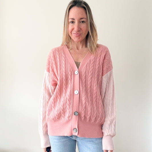 Crush Cashmere Pink Cable Knit Cashmere Cardigan - Size M