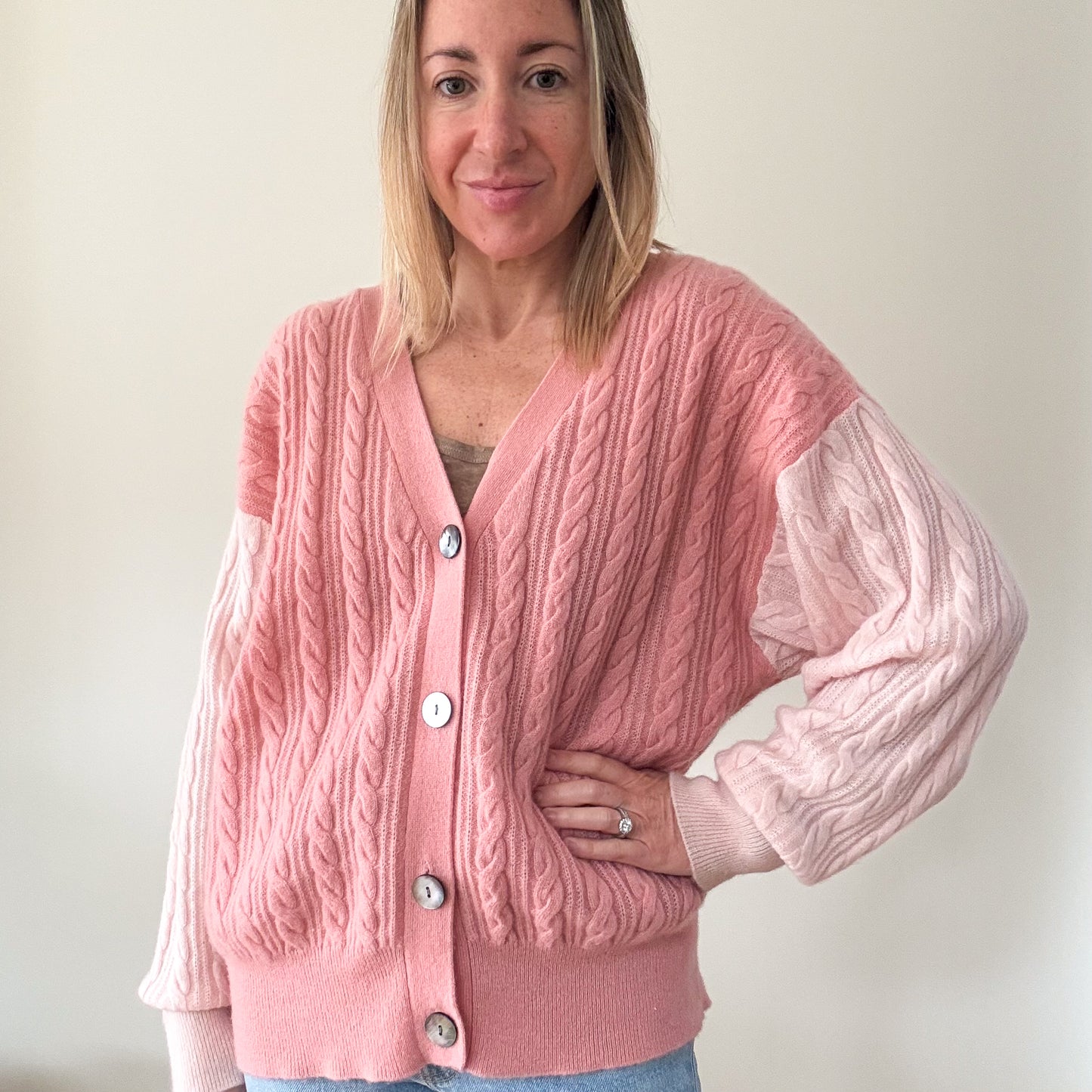 Crush Cashmere Pink Cable Knit Cashmere Cardigan - Size M