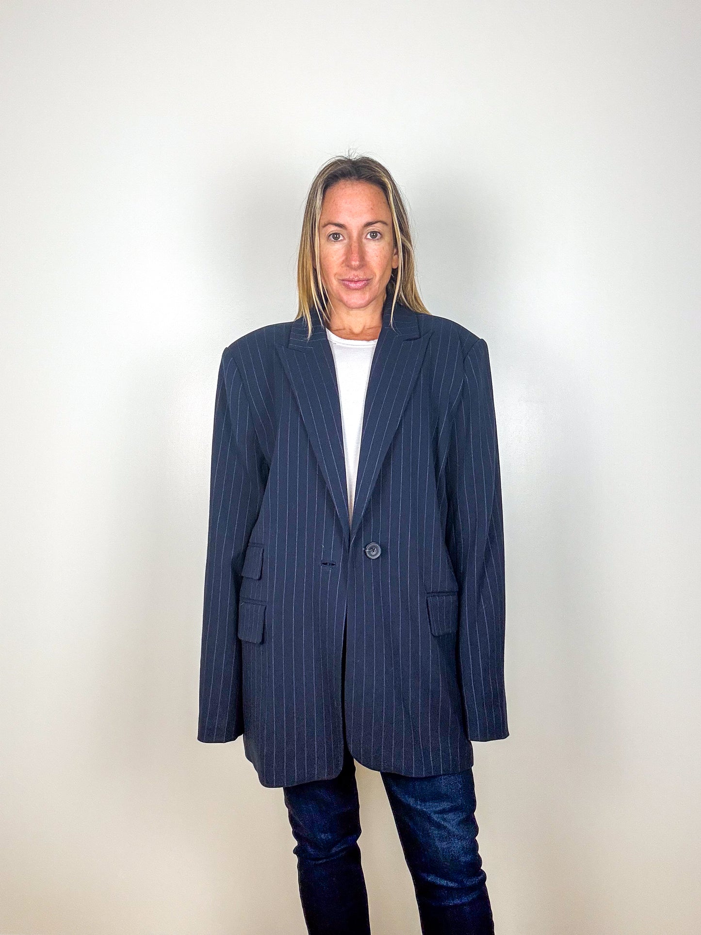 Dea Kudibal Vilettie Navy Pinstripe Oversized Blazer - Size XL