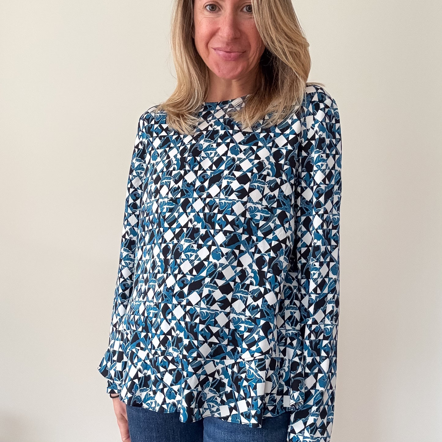 Diane von Furstenberg Blue & White Printed Long-Sleeve Blouse - Size 10