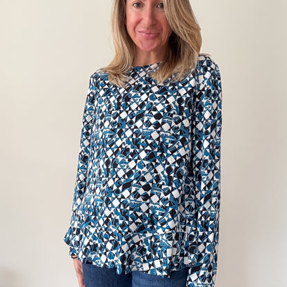 Diane von Furstenberg Blue & White Printed Long-Sleeve Blouse - Size 10