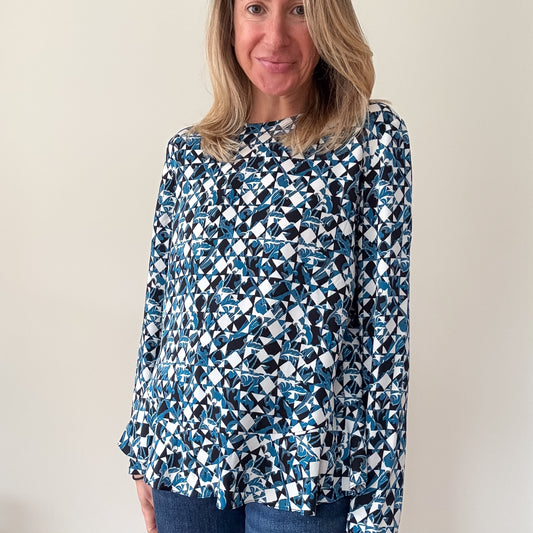 Diane von Furstenberg Blue & White Printed Long-Sleeve Blouse - Size 10