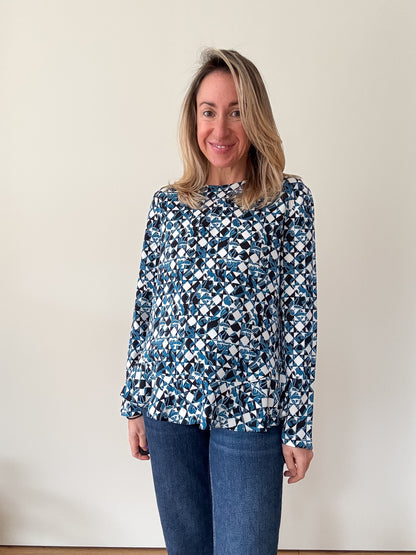 Diane von Furstenberg Blue & White Printed Long-Sleeve Blouse - Size 10