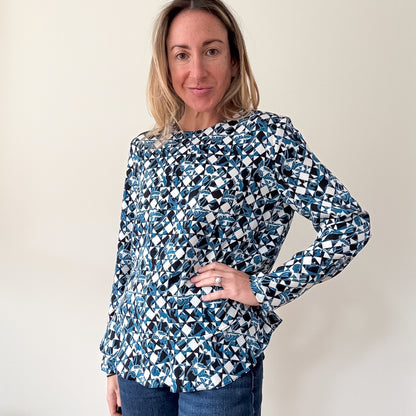 Diane von Furstenberg Blue & White Printed Long-Sleeve Blouse - Size 10