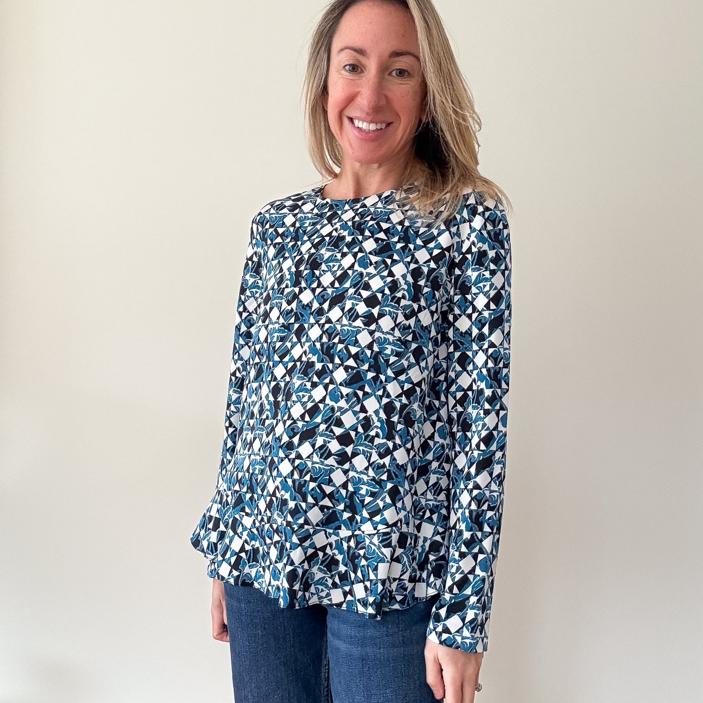 Diane von Furstenberg Blue & White Printed Long-Sleeve Blouse - Size 10