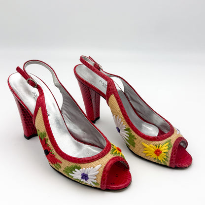 Dolce & Gabbana Embroidered Raffia Slingback Heels - Size 38