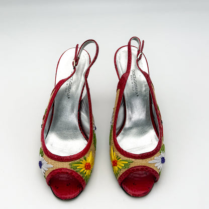 Dolce & Gabbana Embroidered Raffia Slingback Heels - Size 38