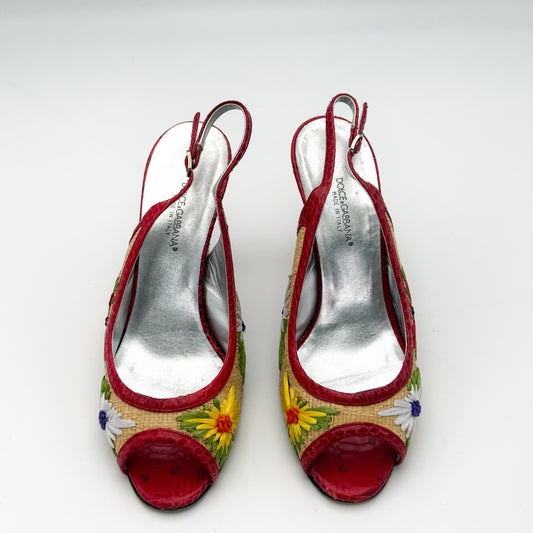 Dolce & Gabbana Embroidered Raffia Slingback Heels - Size 38