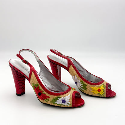 Dolce & Gabbana Embroidered Raffia Slingback Heels - Size 38