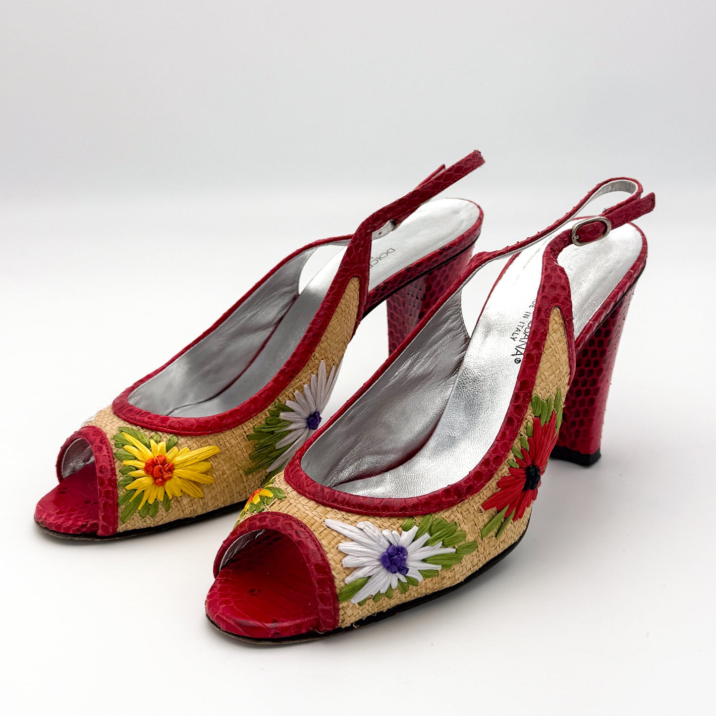 Dolce & Gabbana Embroidered Raffia Slingback Heels - Size 38
