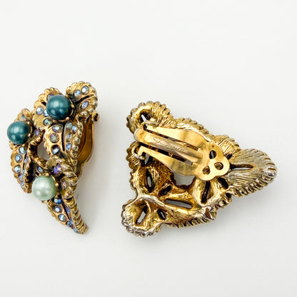 Vintage Elsa Schiaparelli 1950s Rhinestone & Faux Pearl Clip-On Earrings