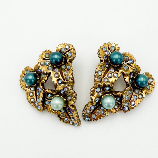 Vintage Elsa Schiaparelli 1950s Rhinestone & Faux Pearl Clip-On Earrings