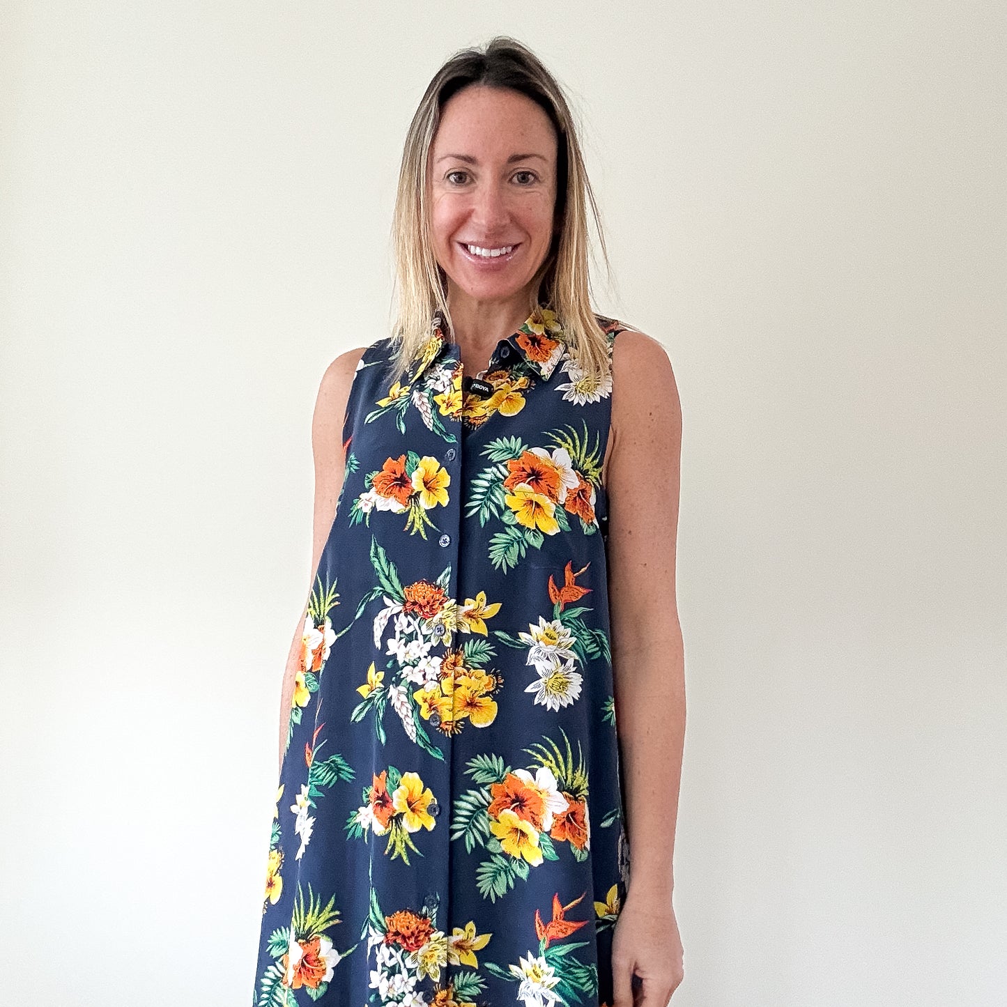 Equipment Mina Hawaiian print silk dress worn front view 
