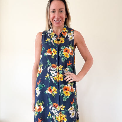 Equipment Mina Hawaiian print silk dress worn front view with hand on hip