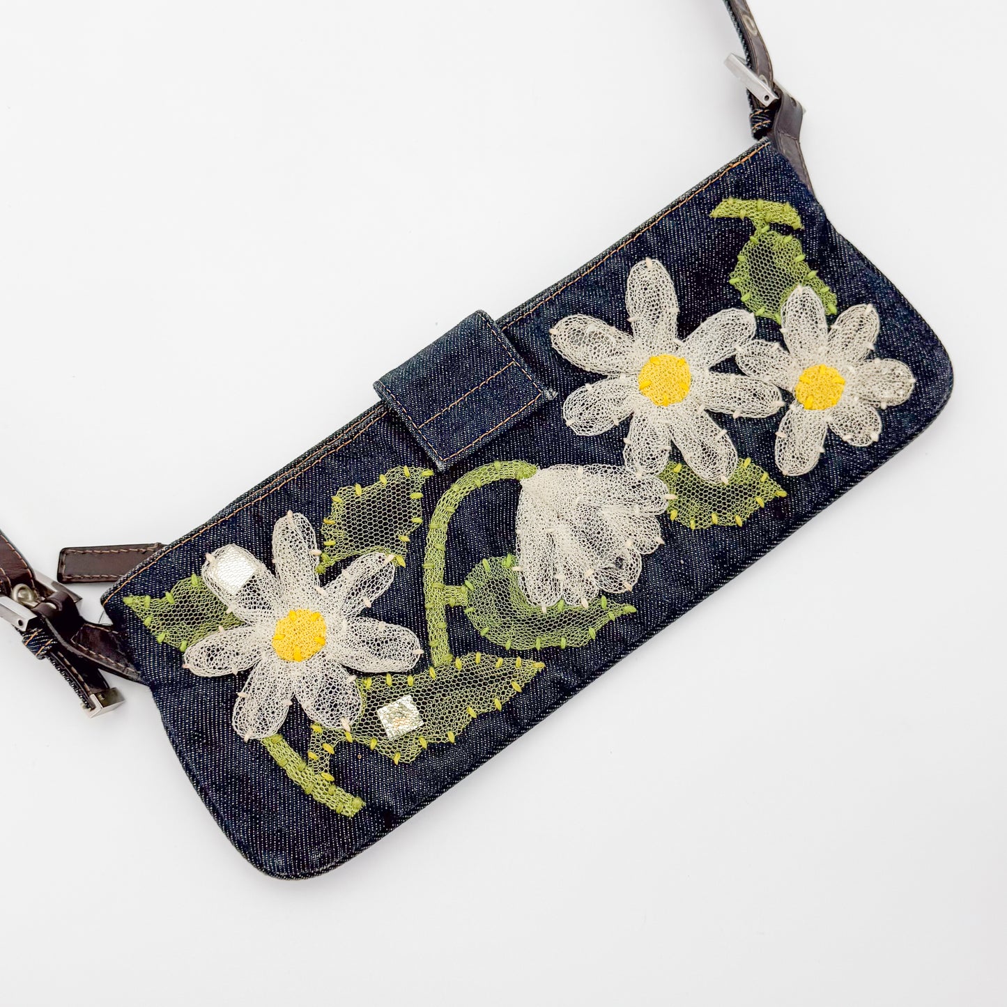 Fendi Denim Floral Embroidered Mamma Baguette Shoulder Bag