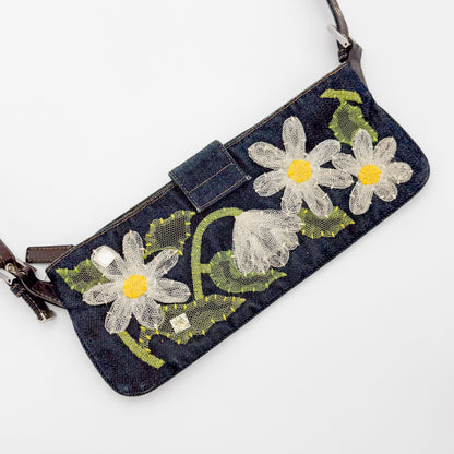 Fendi Denim Floral Embroidered Mamma Baguette Shoulder Bag