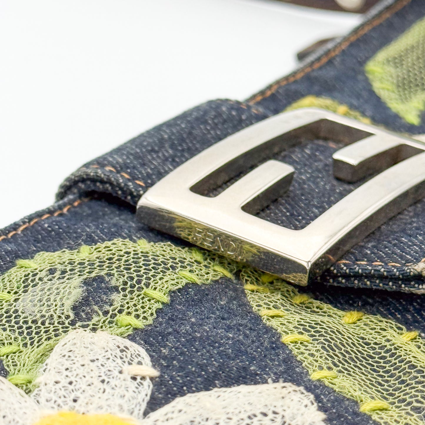 Fendi Denim Floral Embroidered Mamma Baguette Shoulder Bag
