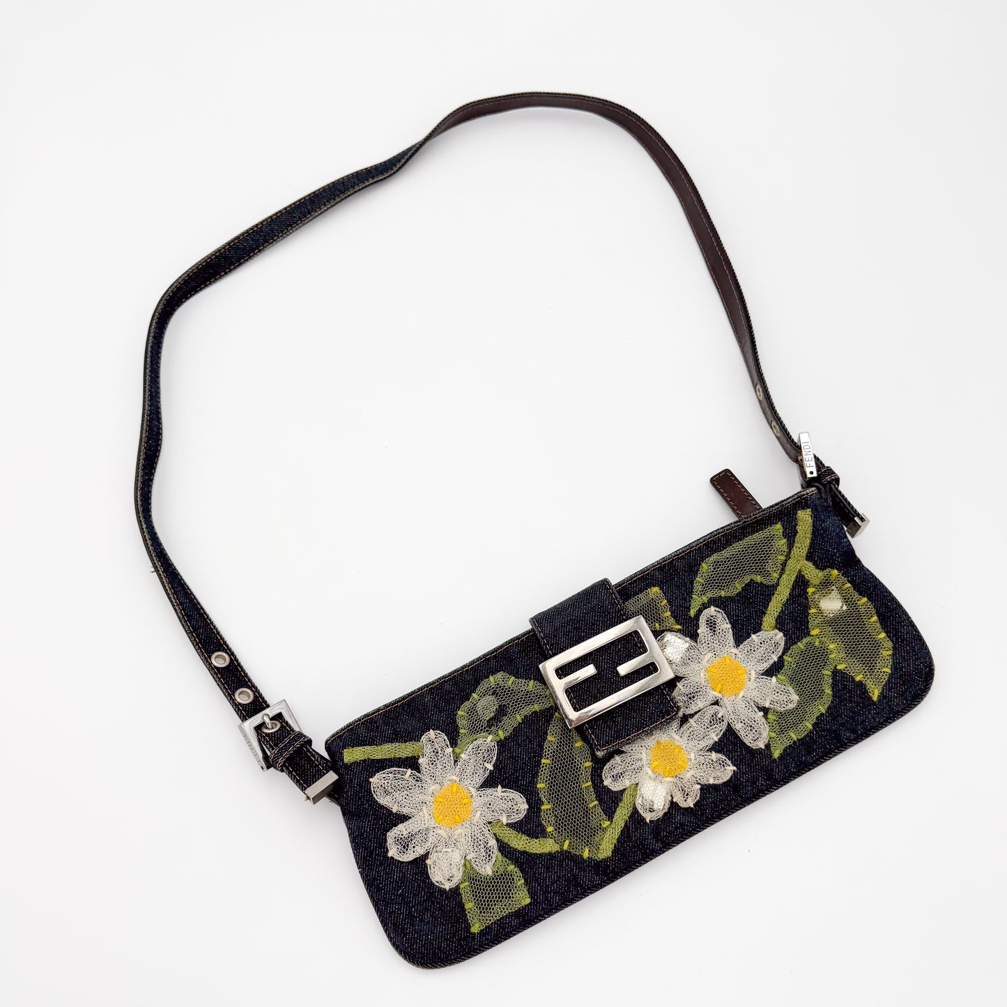 Fendi Denim Floral Embroidered Mamma Baguette Shoulder Bag