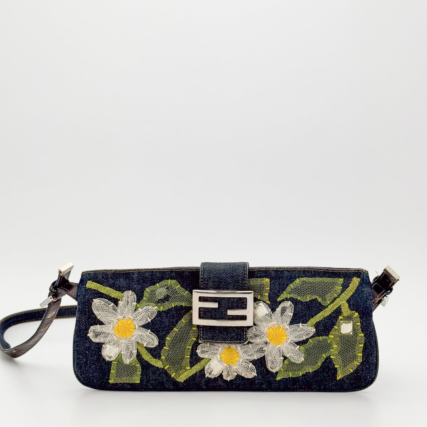 Fendi Denim Floral Embroidered Mamma Baguette Shoulder Bag