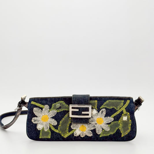 Fendi Denim Floral Embroidered Mamma Baguette Shoulder Bag