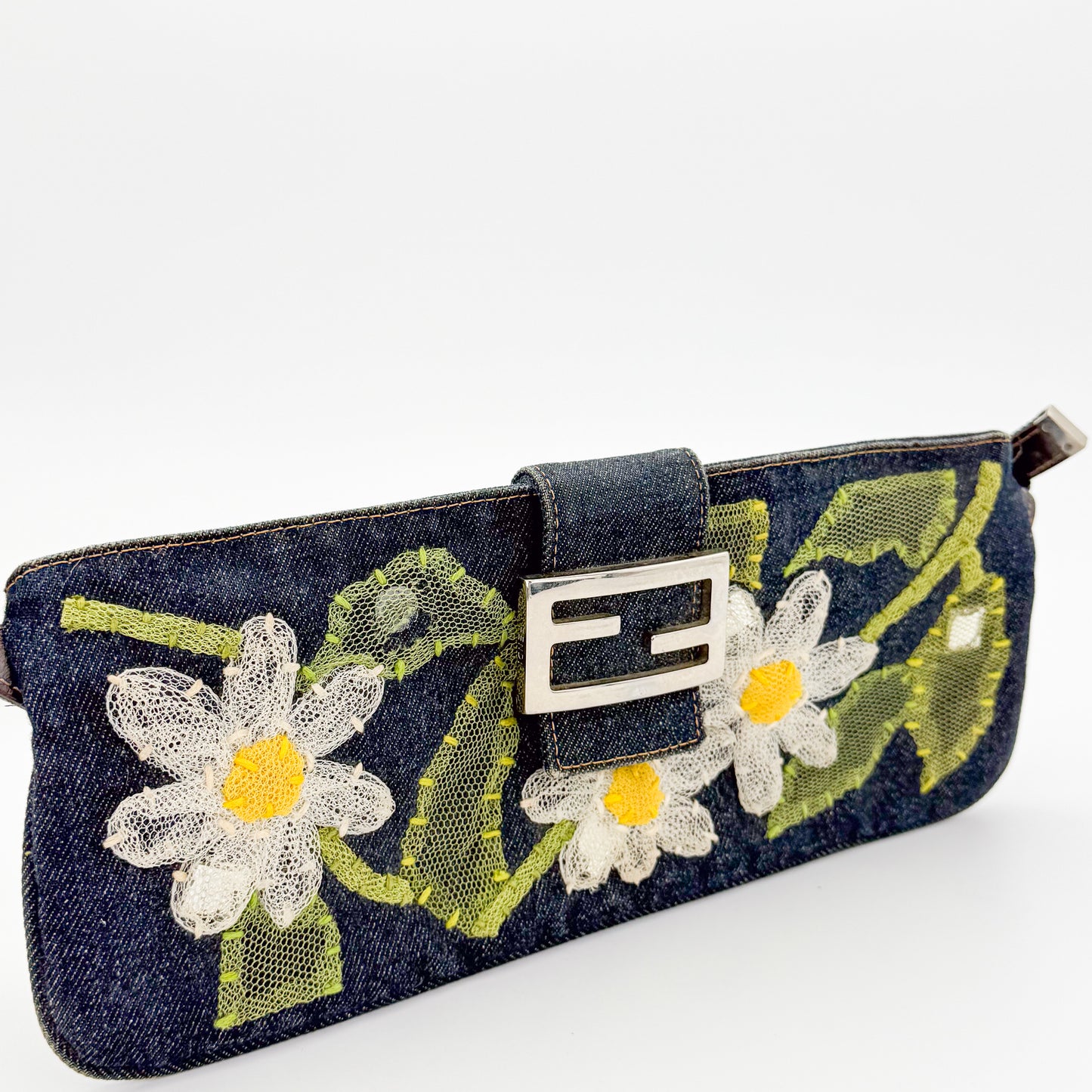 Fendi Denim Floral Embroidered Mamma Baguette Shoulder Bag