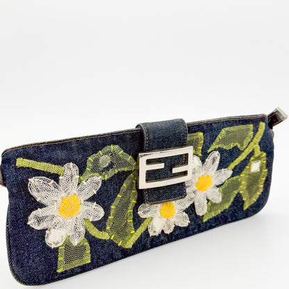 Fendi Denim Floral Embroidered Mamma Baguette Shoulder Bag