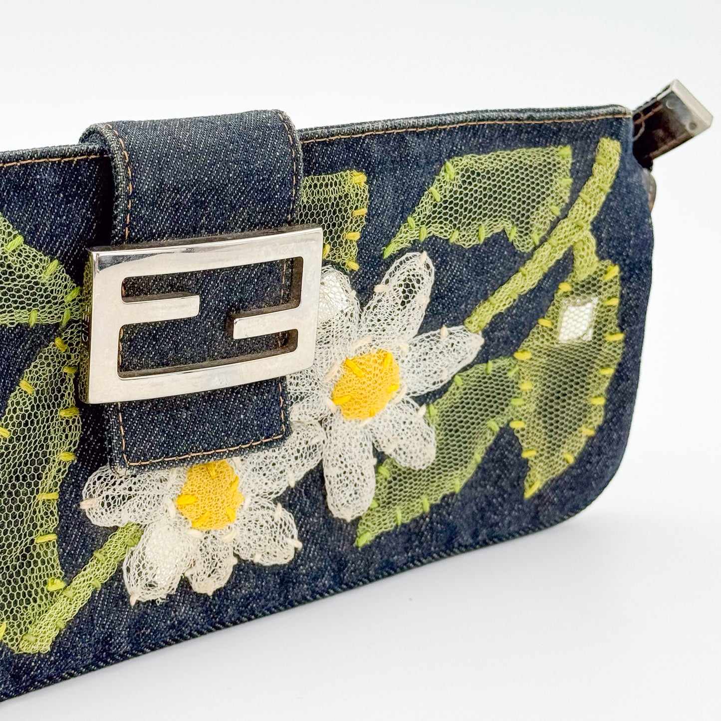 Fendi Denim Floral Embroidered Mamma Baguette Shoulder Bag