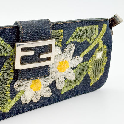 Fendi Denim Floral Embroidered Mamma Baguette Shoulder Bag