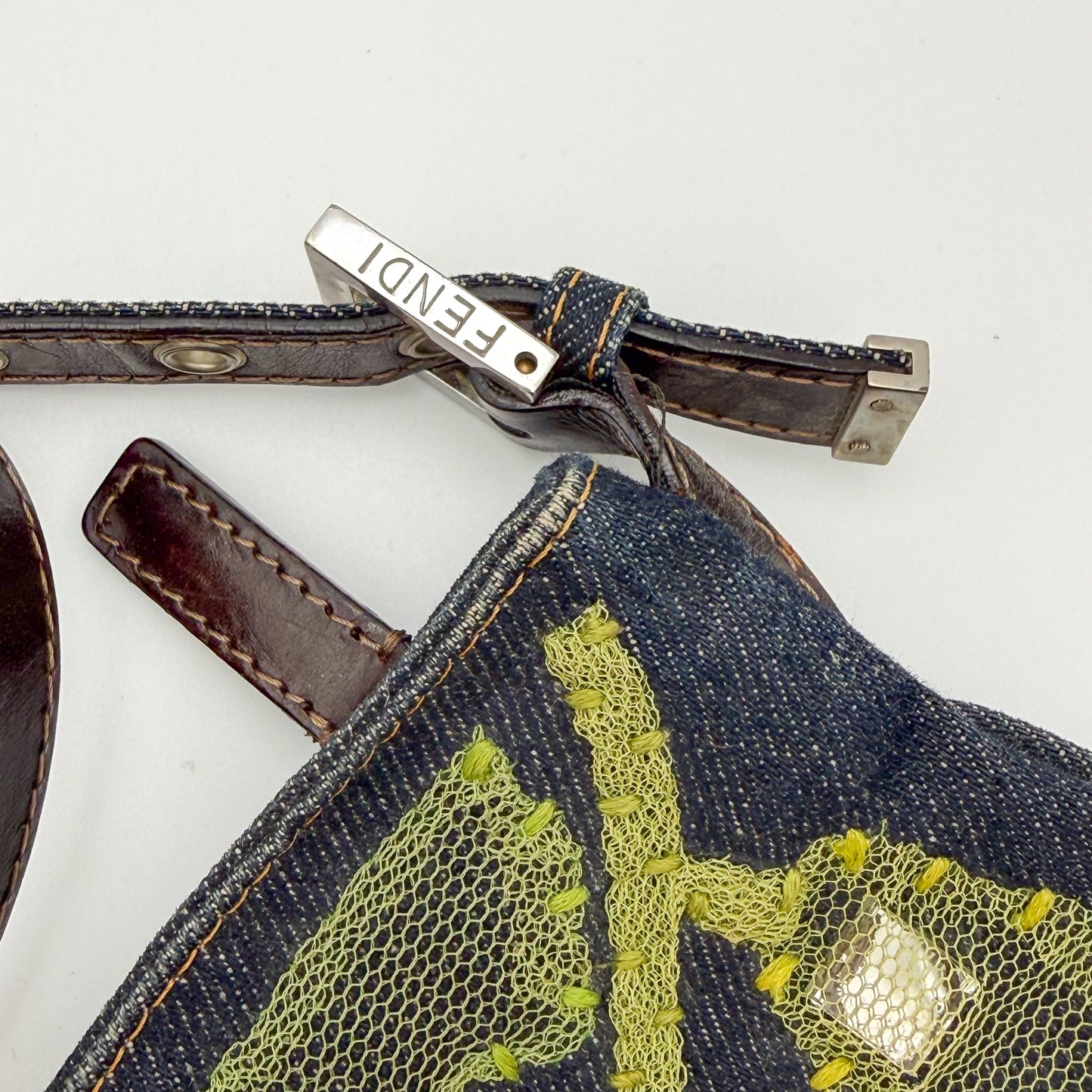 Fendi Denim Floral Embroidered Mamma Baguette Shoulder Bag