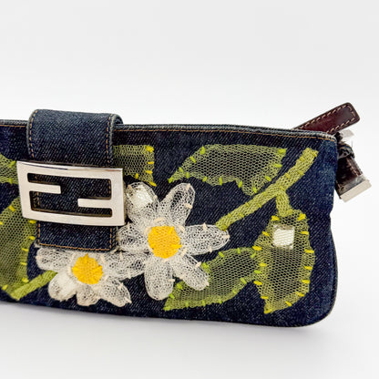 Fendi Denim Floral Embroidered Mamma Baguette Shoulder Bag
