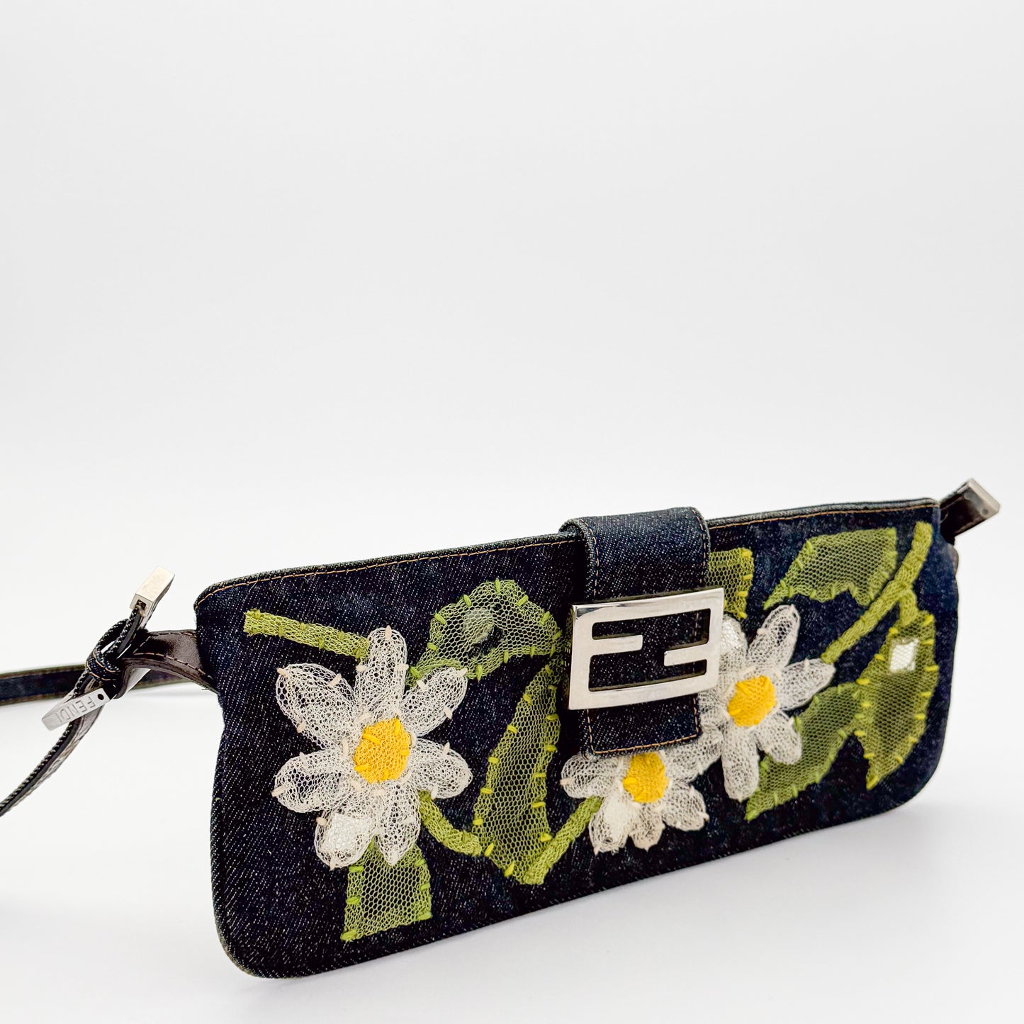 Fendi Denim Floral Embroidered Mamma Baguette Shoulder Bag