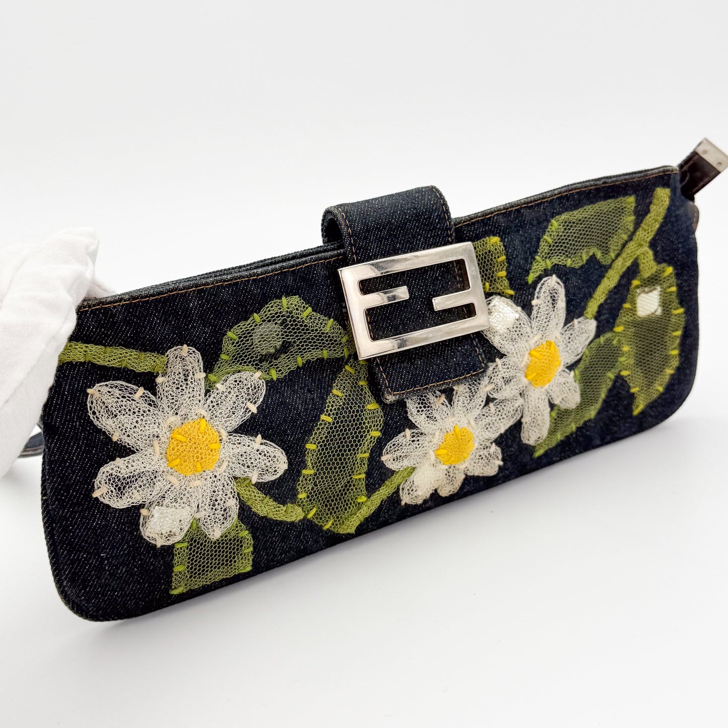 Fendi Denim Floral Embroidered Mamma Baguette Shoulder Bag