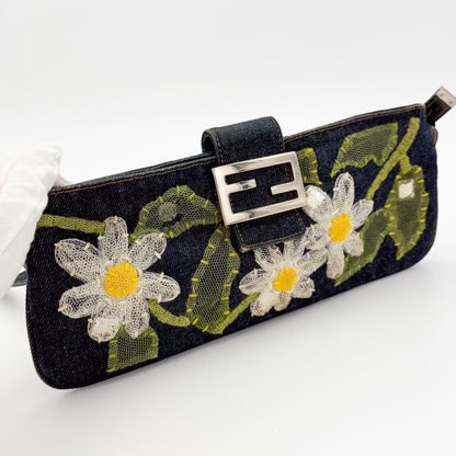Fendi Denim Floral Embroidered Mamma Baguette Shoulder Bag