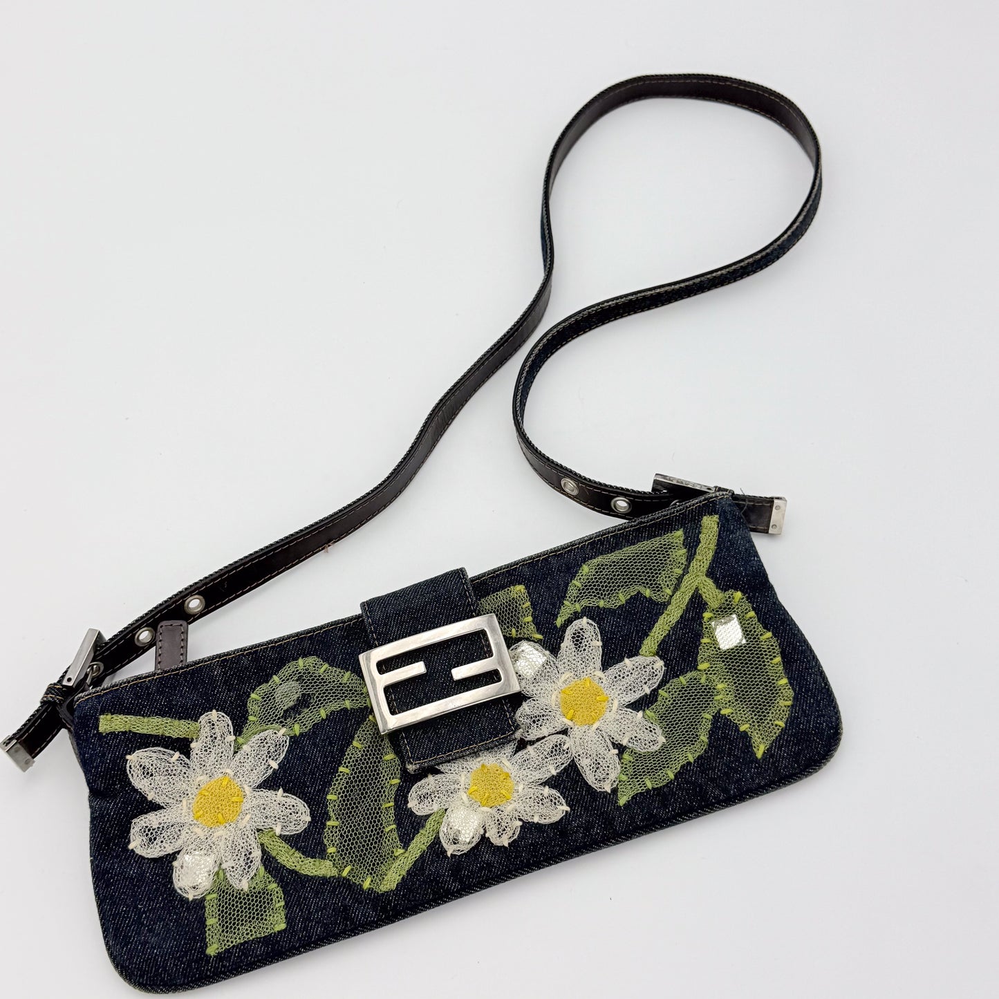 Fendi Denim Floral Embroidered Mamma Baguette Shoulder Bag