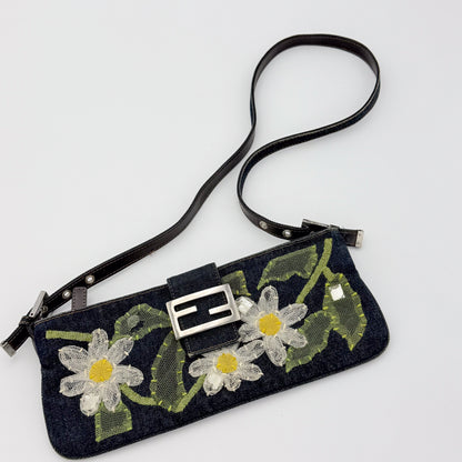 Fendi Denim Floral Embroidered Mamma Baguette Shoulder Bag