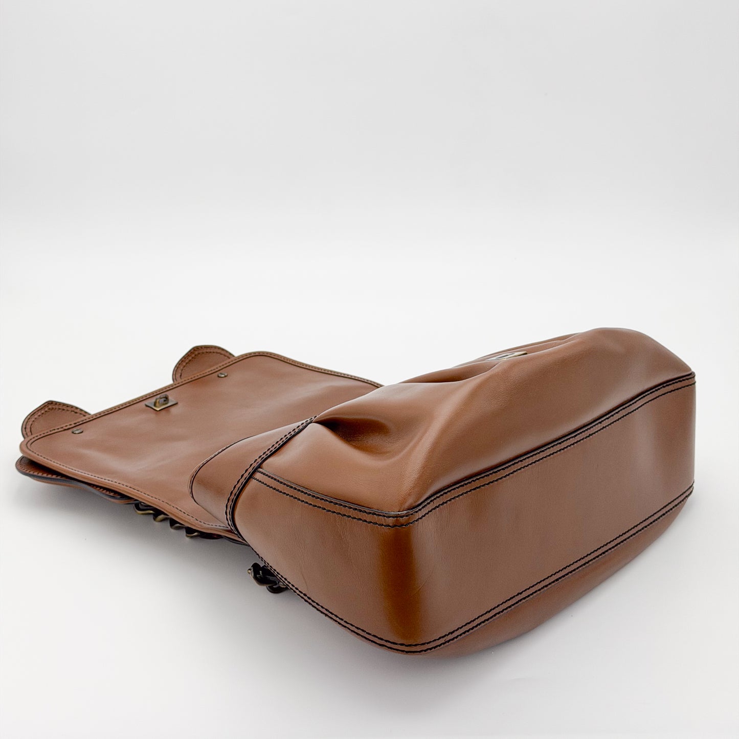 Used Fendi B Bag side view showing structured tan leather silhouette