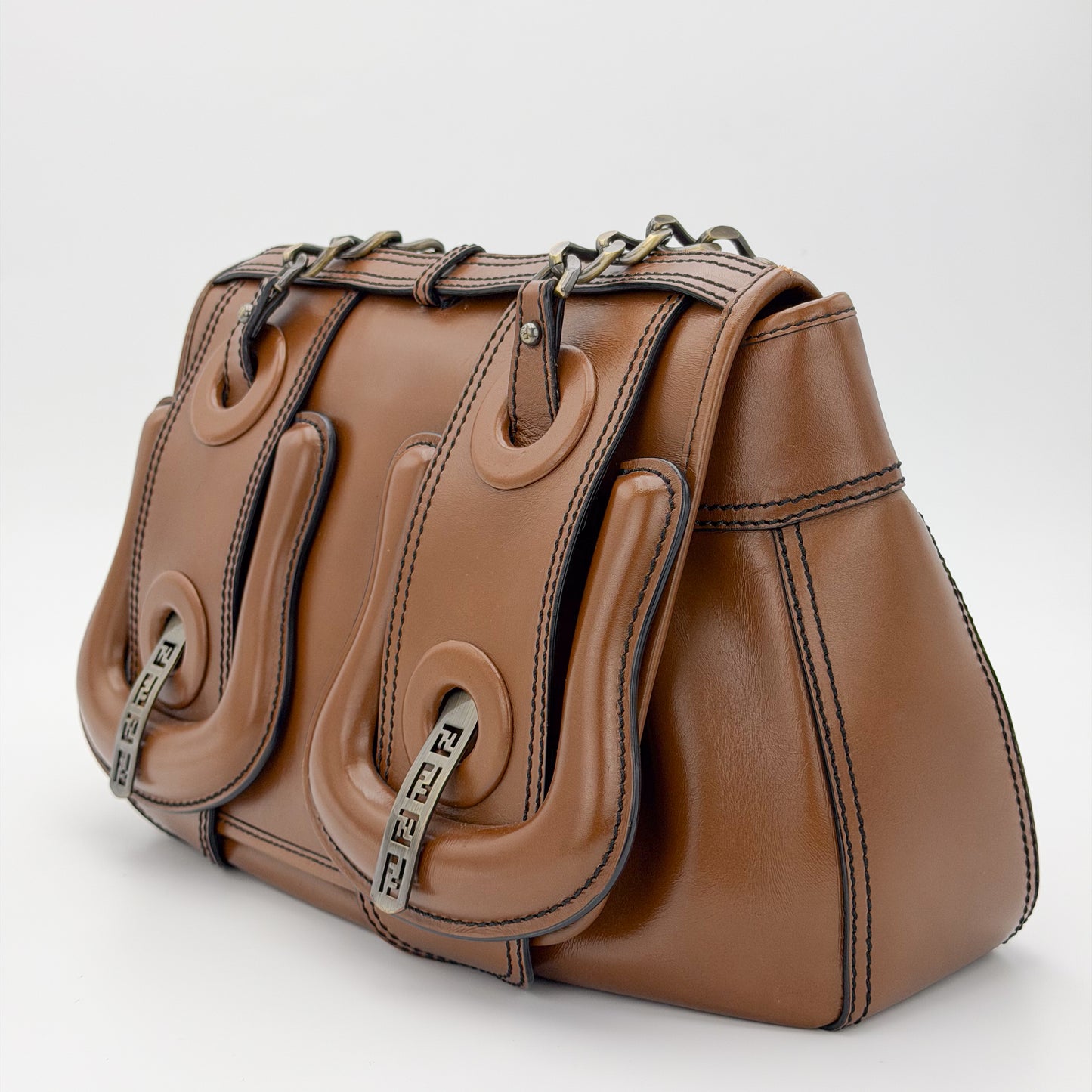 Vintage Fendi B Bag angled front view with chain and leather straps