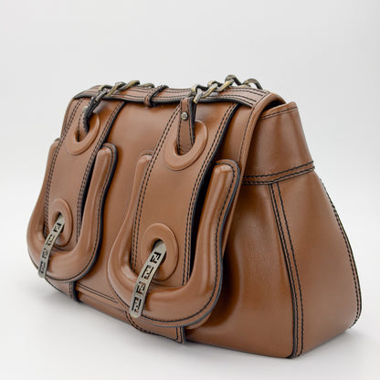 Vintage Fendi B Bag angled front view with chain and leather straps