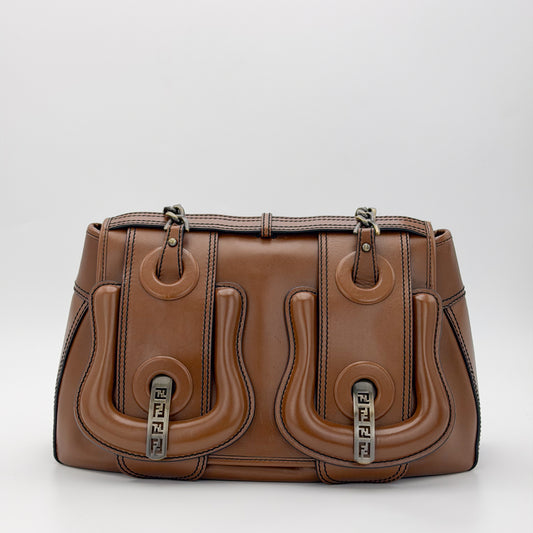 Vintage Fendi B Bag tan leather chain strap detail close up
