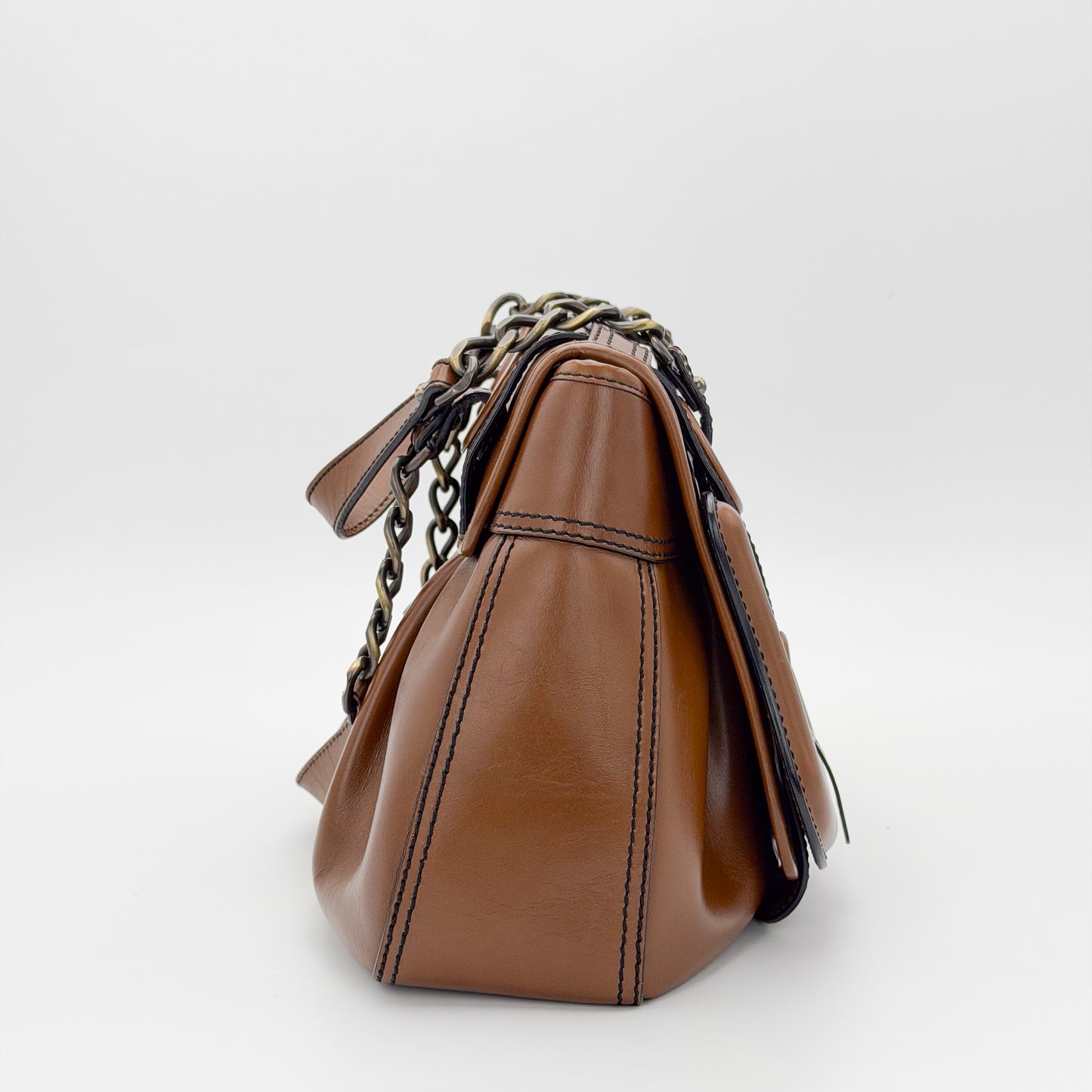 Used Fendi B Bag side view showing structured tan leather silhouette