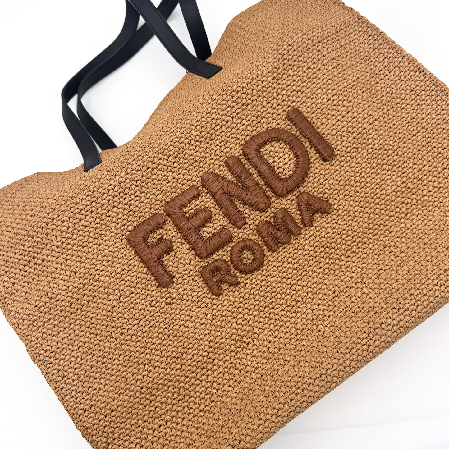 Authentic preloved Fendi Roma raffia oversized tote bag in natural beige Ariel view.